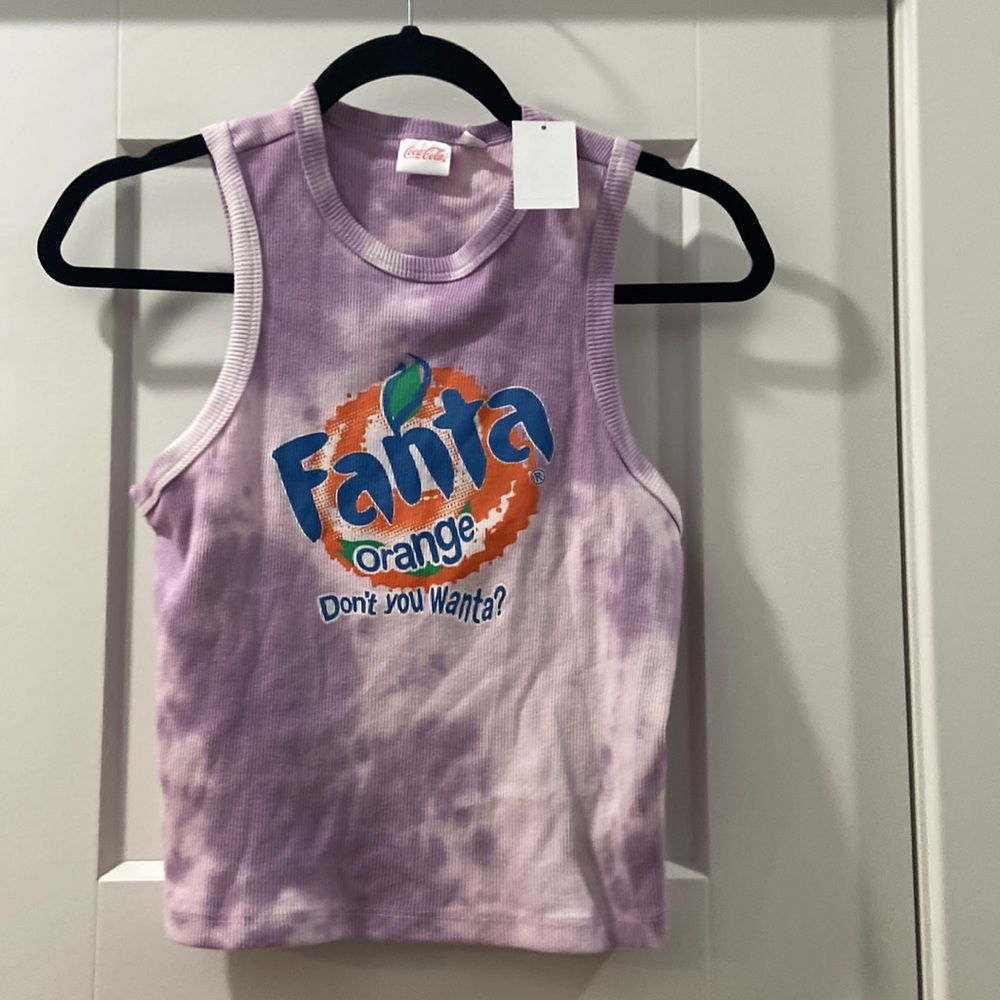 Fanta orange don't you wanta? Purple white Tye die ribbed crop top NWT Coca-Cola